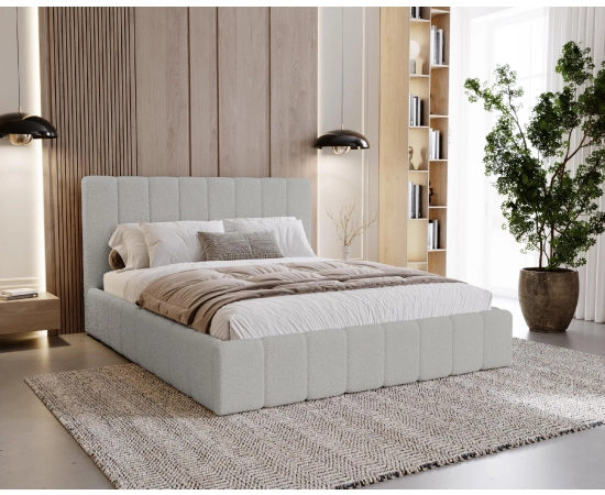 Podwójne obłe łóżko tkanina boucle z pojemnikiem i stelażem 180x200 Lexy