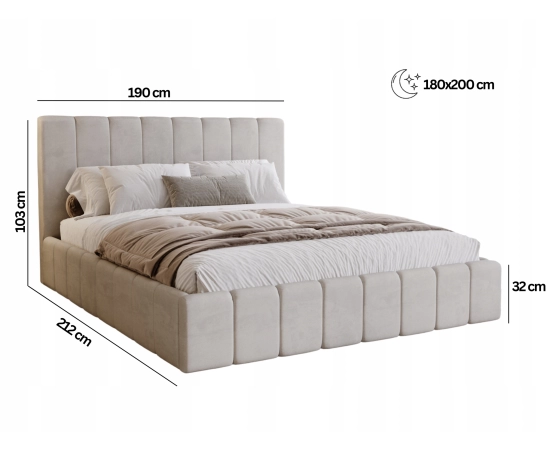 Podwójne obłe łóżko tkanina boucle z pojemnikiem i stelażem 180x200 Lexy