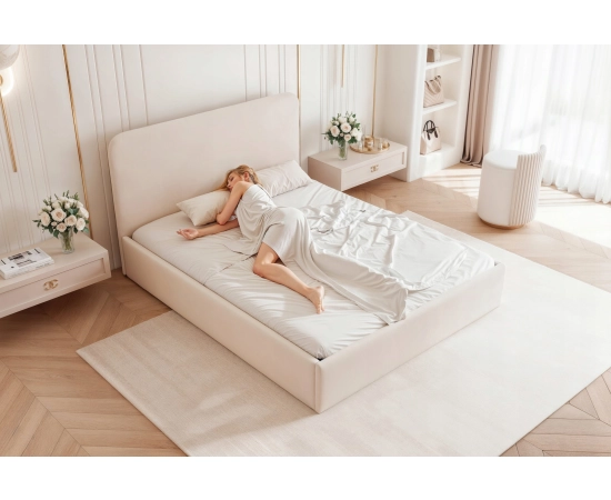 Eleganckie łóżko 160x200 tapicerowane z zagłówkiem i pojemnikiem Monti