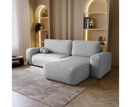 Narożnik z otomaną tkanina boucle, okrągłe kształty Ornello L