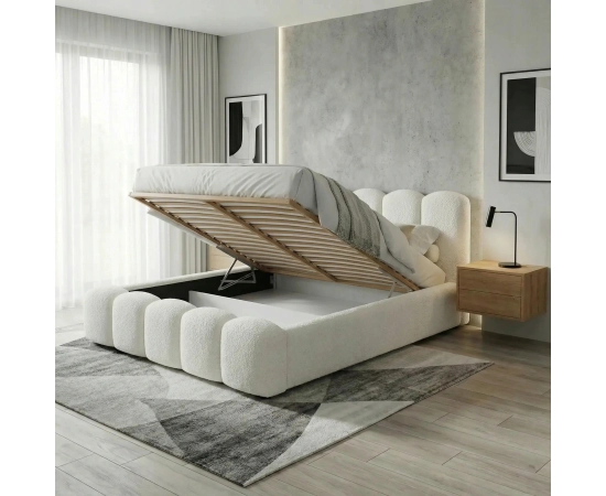 Łóżko tapicerowane z dużym pojemnikiem 140x200 MILLY baranek