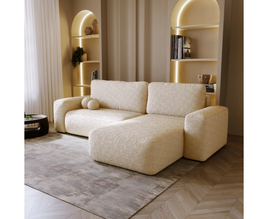 Narożnik z otomaną tkanina boucle, okrągłe kształty Ornello L
