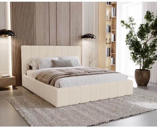 Podwójne obłe łóżko tkanina boucle z pojemnikiem i stelażem 180x200 Lexy