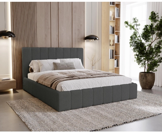 Podwójne obłe łóżko tkanina boucle z pojemnikiem i stelażem 180x200 Lexy