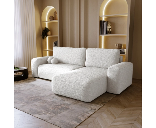 Narożnik z otomaną tkanina boucle, okrągłe kształty Ornello L