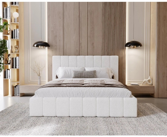 Podwójne obłe łóżko tkanina boucle z pojemnikiem i stelażem 180x200 Lexy