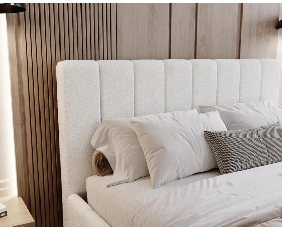 Duże obłe łóżko tkanina boucle z pojemnikiem i stelażem 200x200 Lexy
