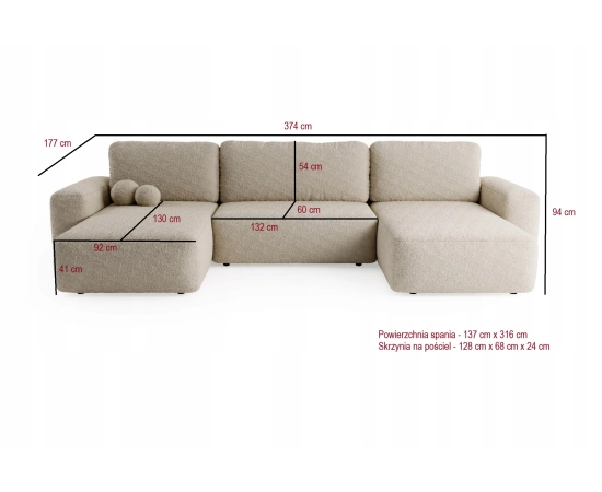 Narożnik w kształcie U tkanina boucle, okrągłe kształty Ornello U