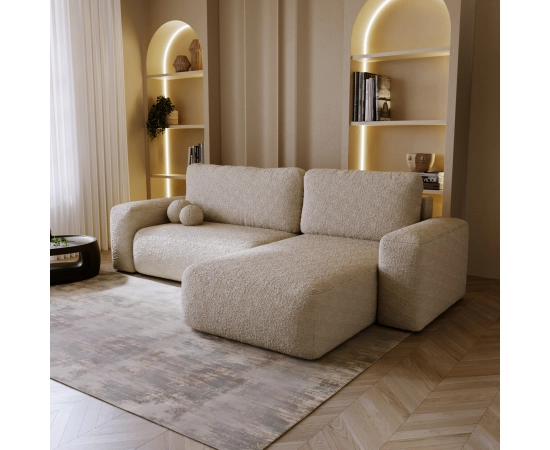 Narożnik z otomaną tkanina boucle, okrągłe kształty Ornello L