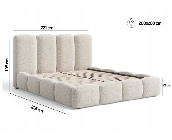 Obłe tapicerowane łóże sypialniane z pojemnikiem 200x200 Fluffy