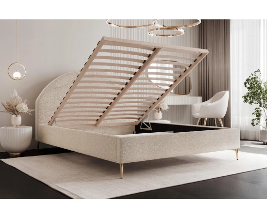 Sypialnia zaokrąglone zagłowie tkanina boucle łóżko slim 140x200 Velora II