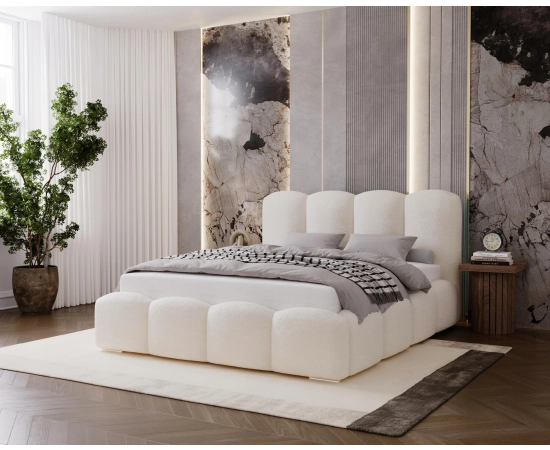 Obłe tapicerowane łóże sypialniane z pojemnikiem 200x200 Fluffy