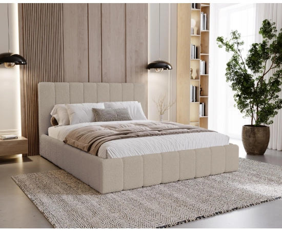 Podwójne obłe łóżko tkanina boucle z pojemnikiem i stelażem 180x200 Lexy