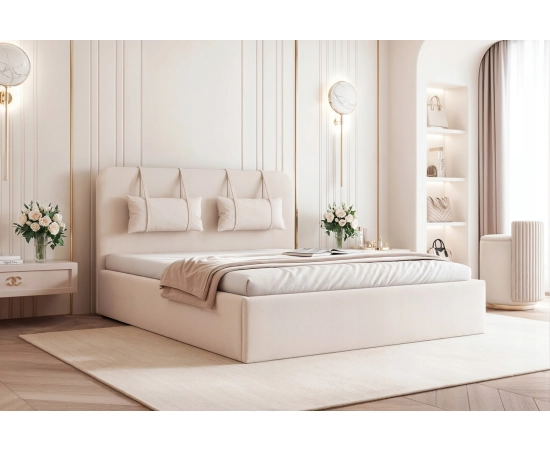 Eleganckie łóżko 160x200 tapicerowane z zagłówkiem i pojemnikiem Monti