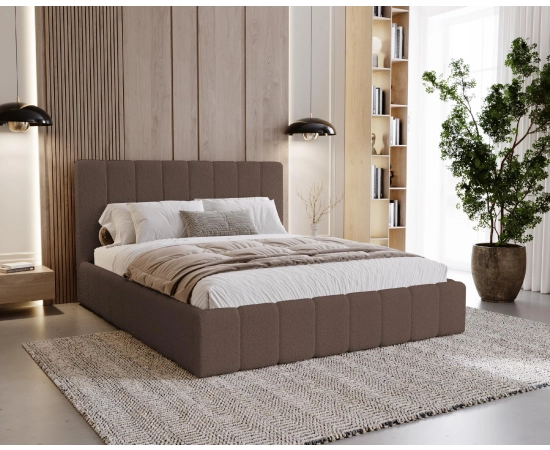Podwójne obłe łóżko tkanina boucle z pojemnikiem i stelażem 180x200 Lexy